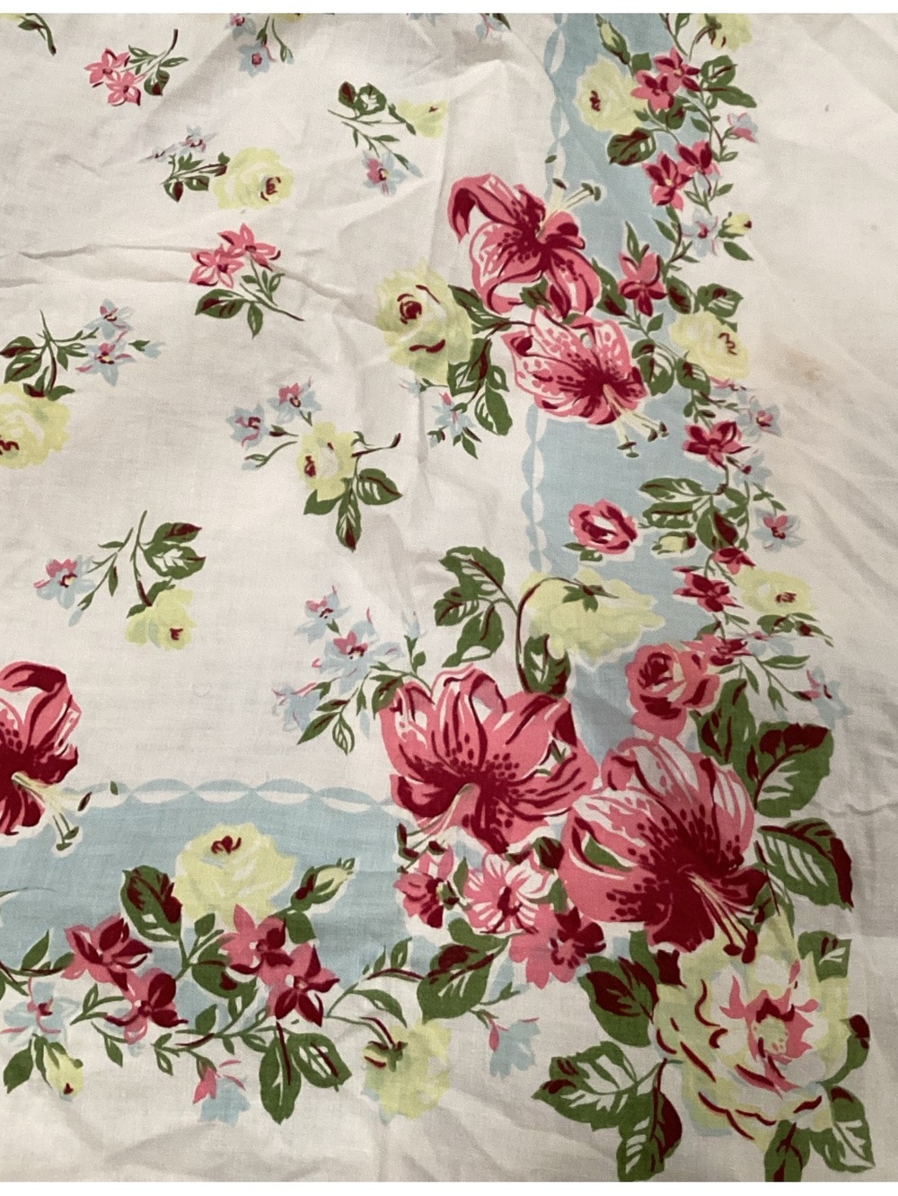 Floral Pink & Blue Floral Vintage Tablecloth, vintage